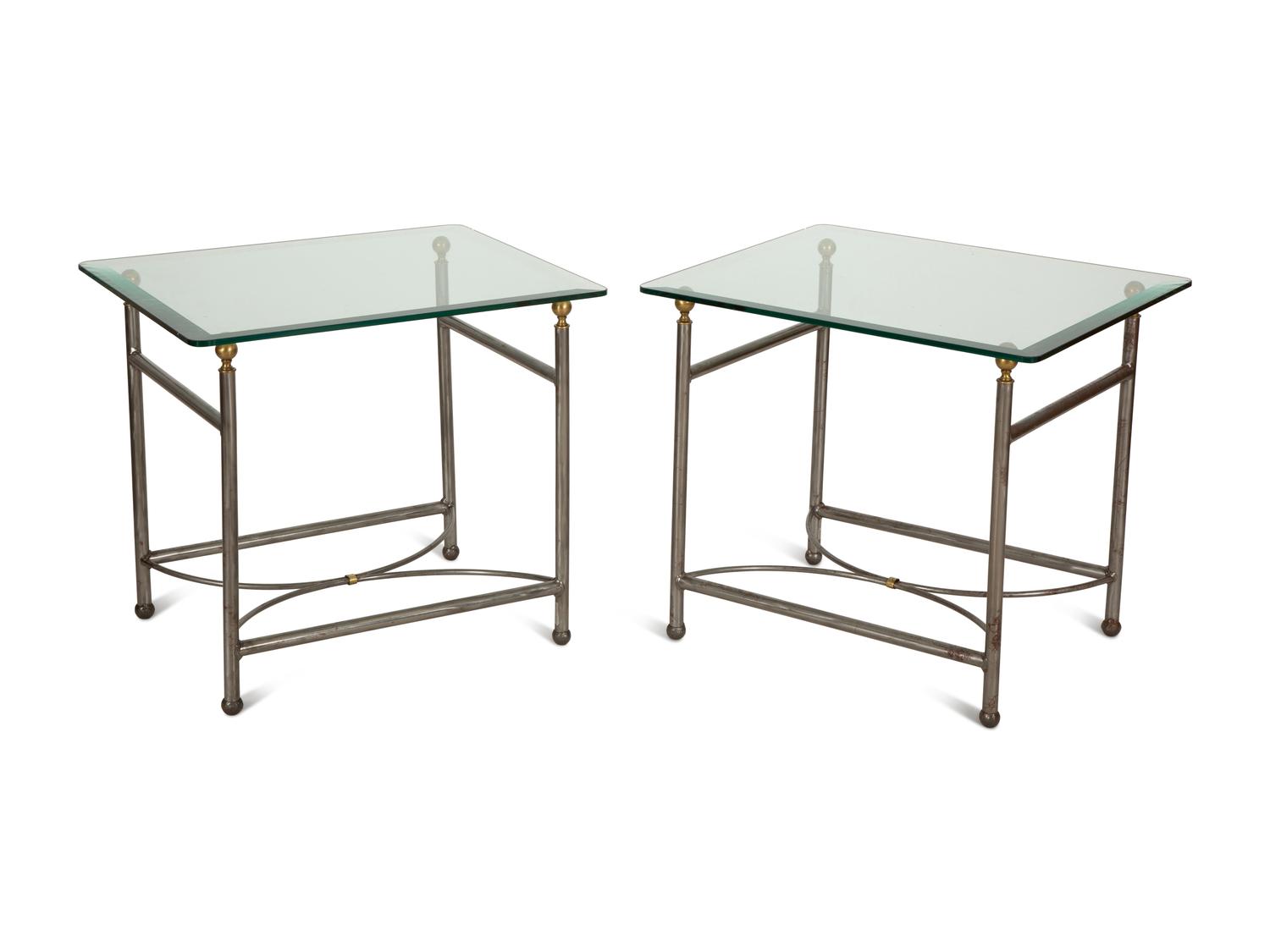 A Pair of Modernist Steel and Brass Glass-Top Side Tables — 20th Century