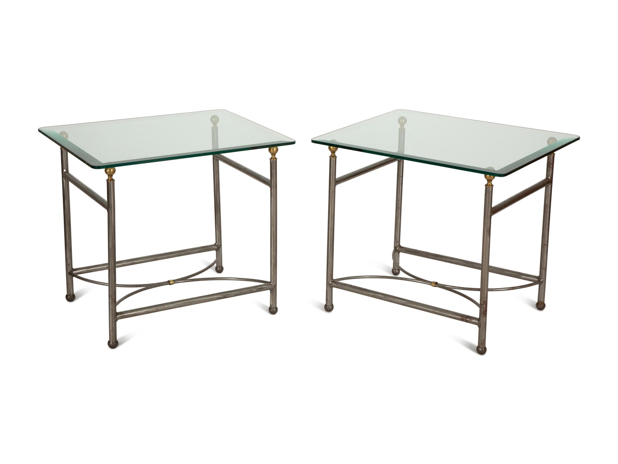 A Pair of Modernist Steel and Brass Glass-Top Side Tables — 20th Century