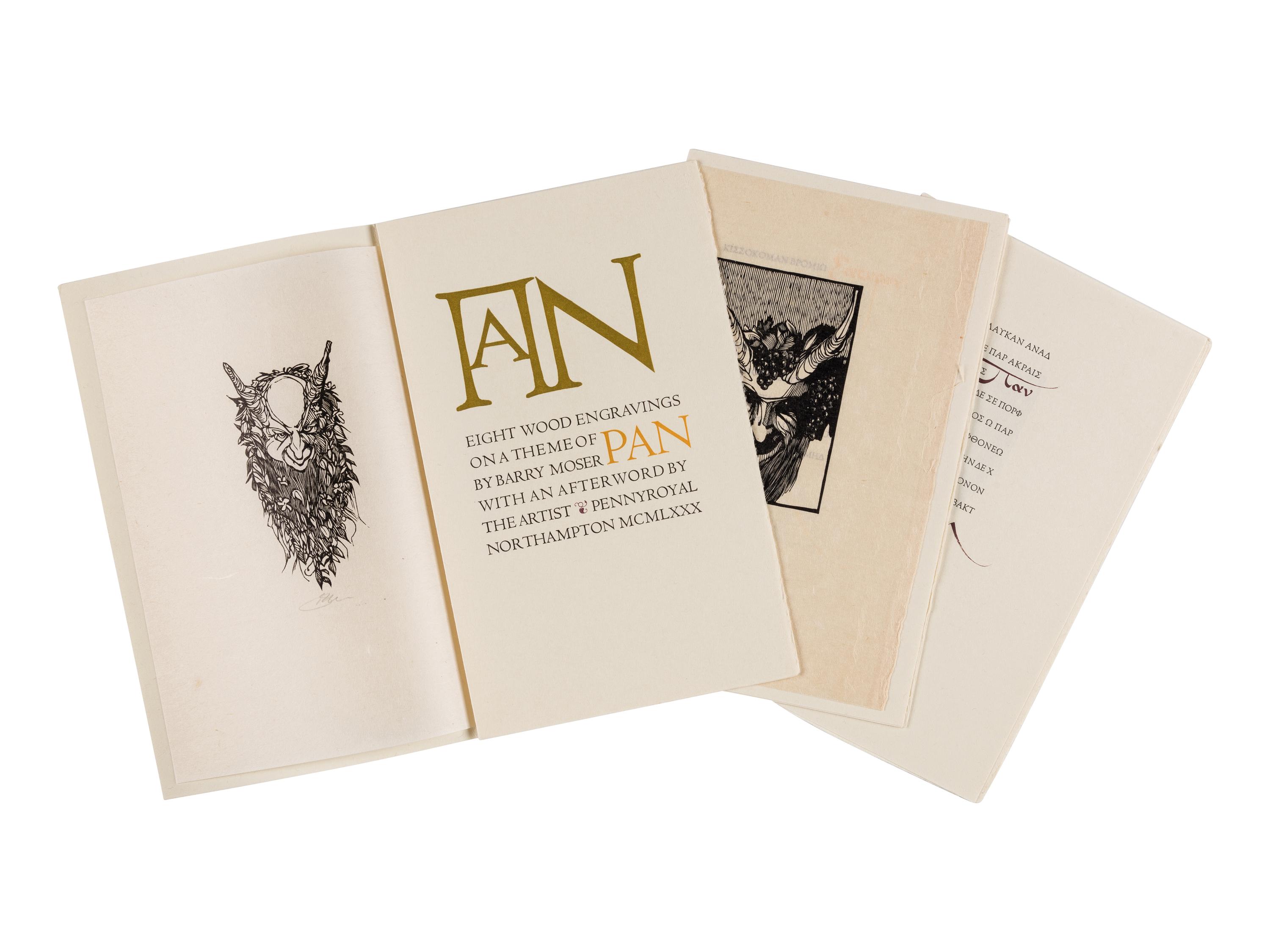 MOSER, Barry. Eight Wood Engravings on a Theme of Pan. With an Afterword by the Artist . Northampton, MA: Pennyroyal Press, 1980.