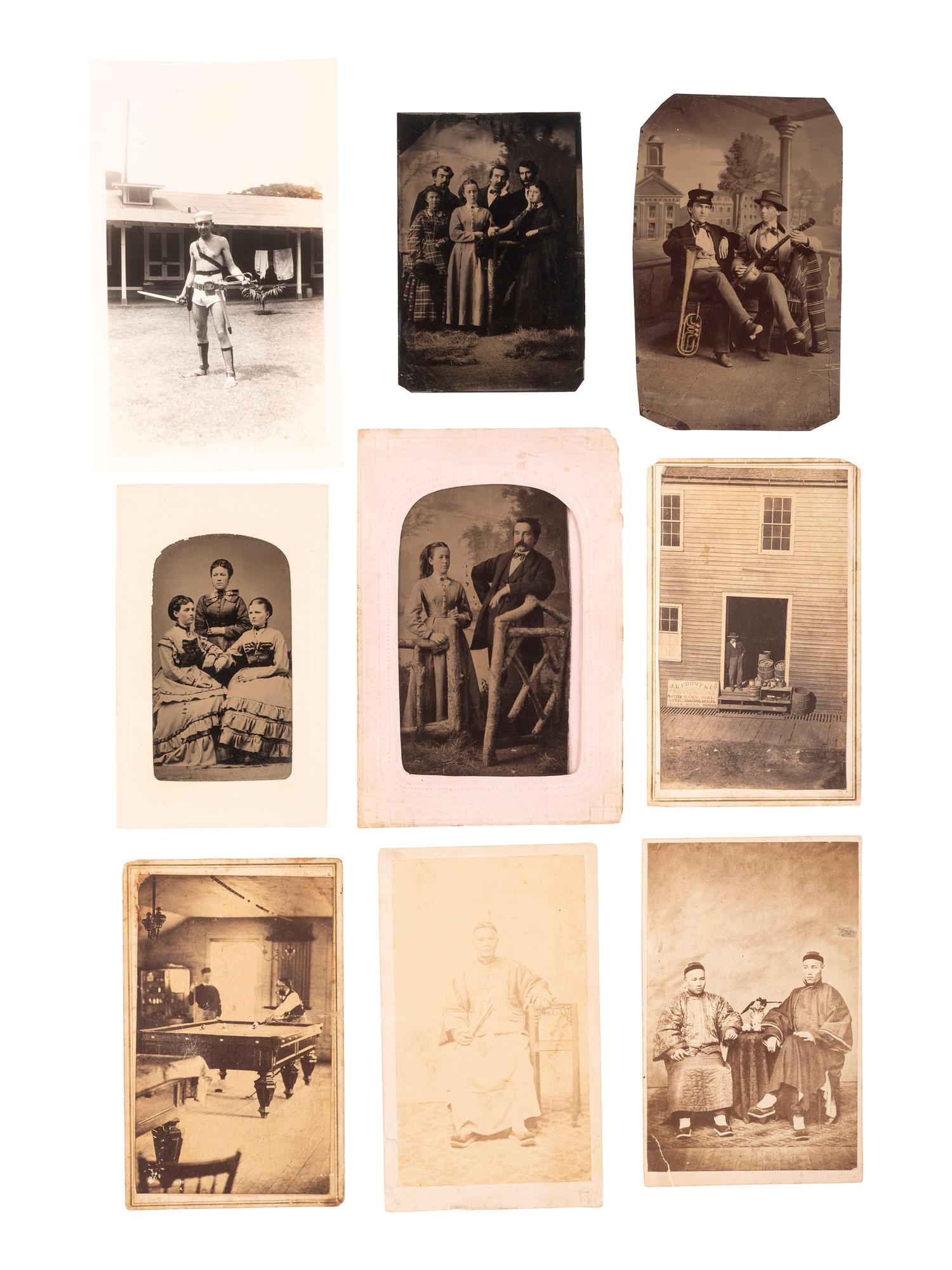 [EARLY PHOTOGRAPHY]. A large group of approx. 50 photographs, including tintypes and albumen photographs.