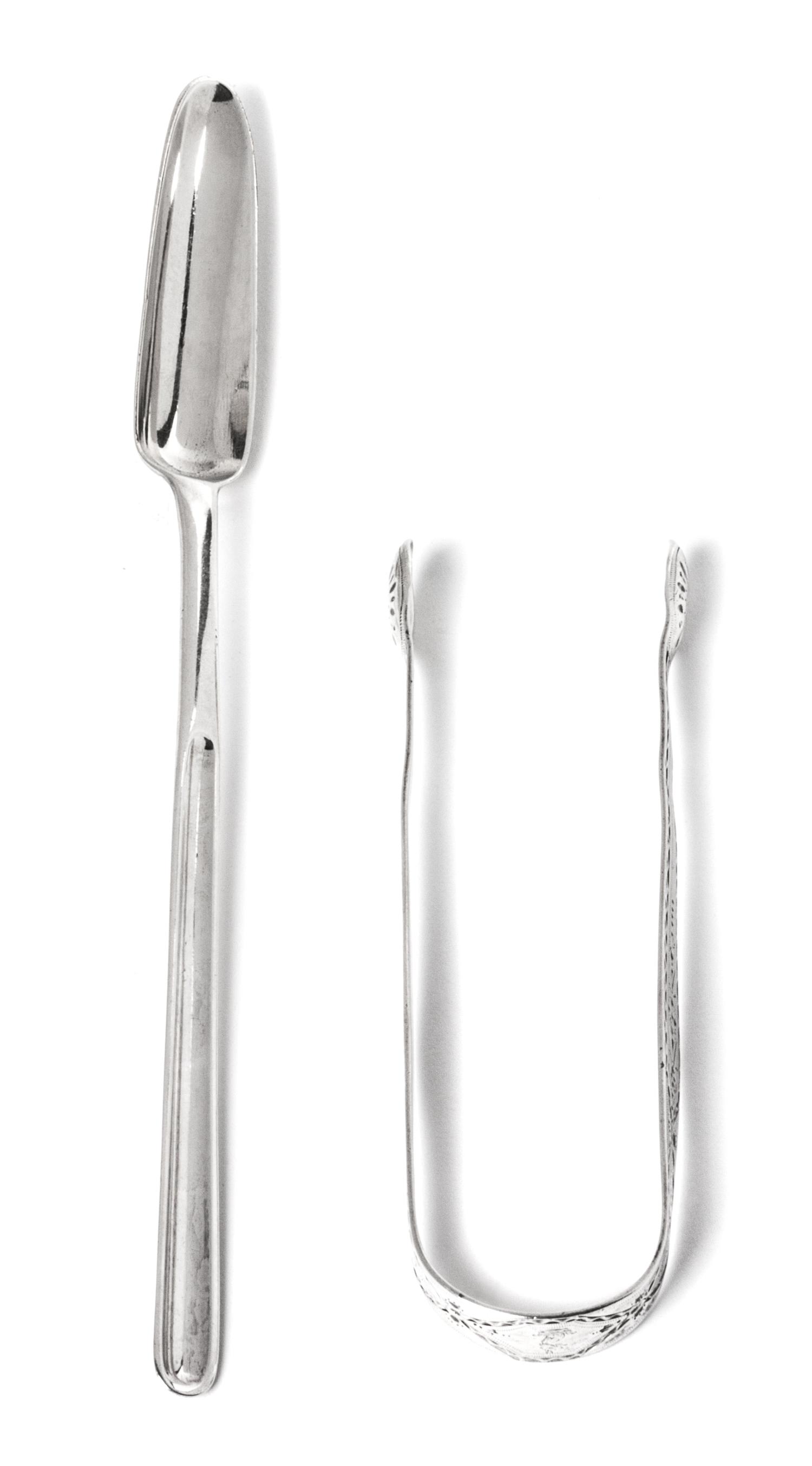 Two English Silver Serving Articles, Hester Bateman, London, 1787-88, comprising a marrow scoop and a pair of sugar tongs.