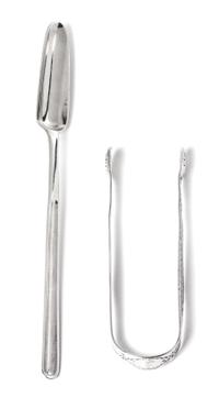 Two English Silver Serving Articles, Hester Bateman, London, 1787-88, comprising a marrow scoop and a pair of sugar tongs.
