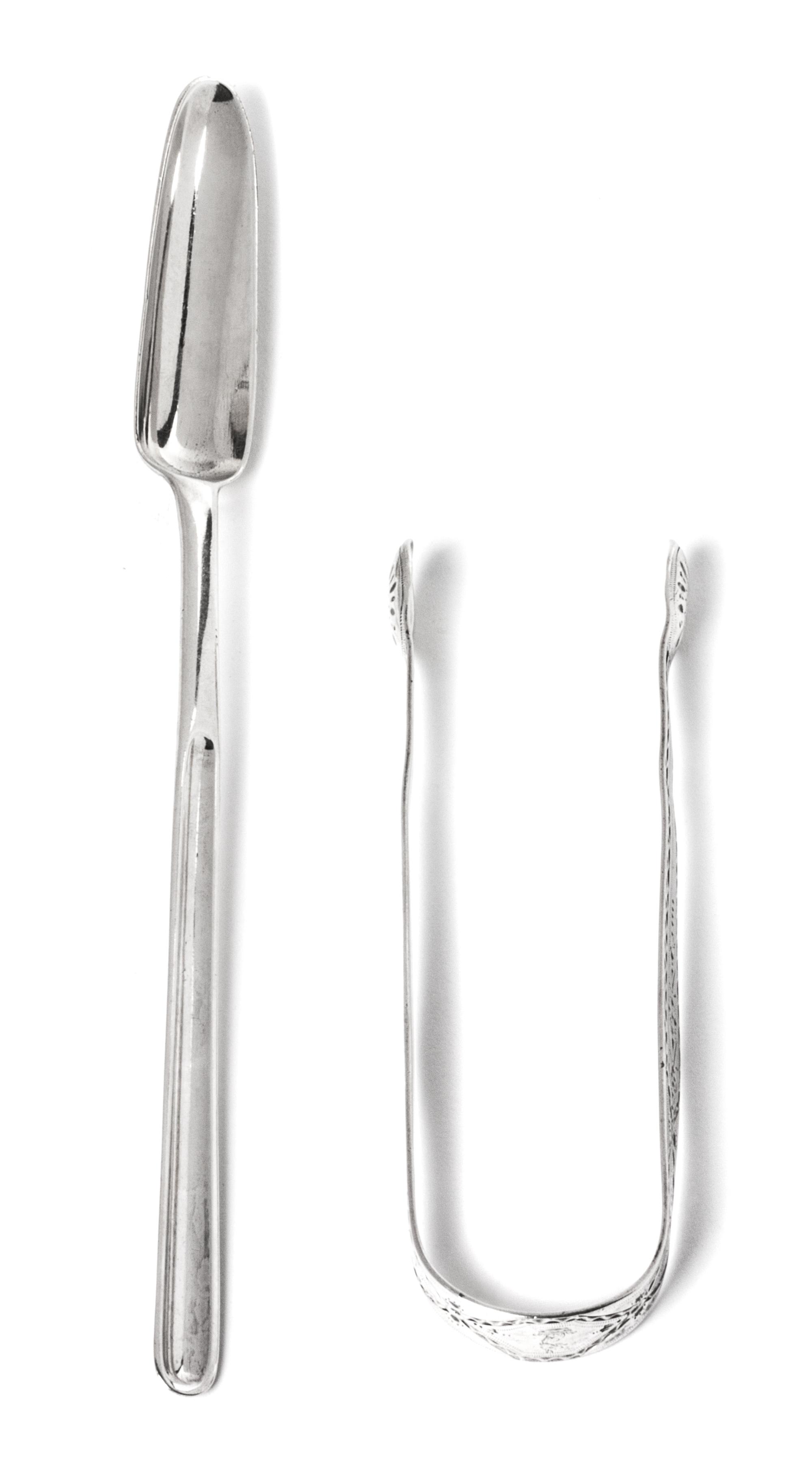 Two English Silver Serving Articles, Hester Bateman, London, 1787-88, comprising a marrow scoop and a pair of sugar tongs.