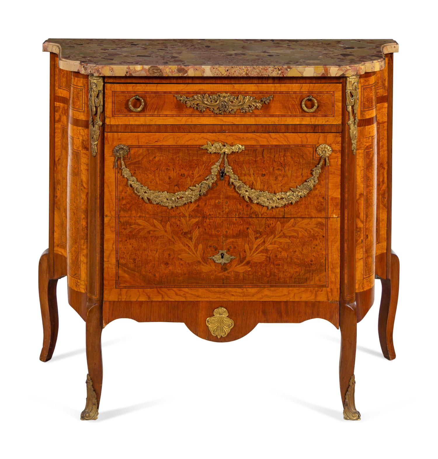 A Louis XV/XVI Transitional Style Gilt Bronze Mounted Burlwood, Marquetry and Breche d'Alep Marble-Top Commode