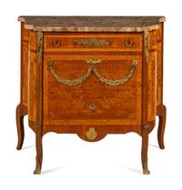 A Louis XV/XVI Transitional Style Gilt Bronze Mounted Burlwood, Marquetry and Breche d'Alep Marble-Top Commode