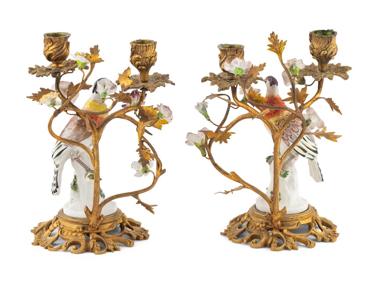 A Pair of Gilt Bronze and Meissen Porcelain Mounted Two-Light Candelabra