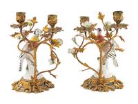 A Pair of Gilt Bronze and Meissen Porcelain Mounted Two-Light Candelabra