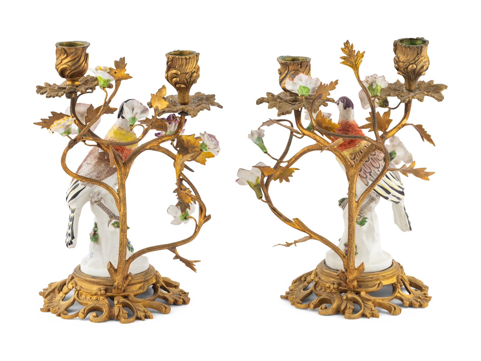 A Pair of Gilt Bronze and Meissen Porcelain Mounted Two-Light Candelabra