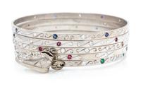 A Collection of 18 Karat White Gold, Diamond, Ruby, Sapphire and Emerald Bangle Bracelets, 69.60 dwts.