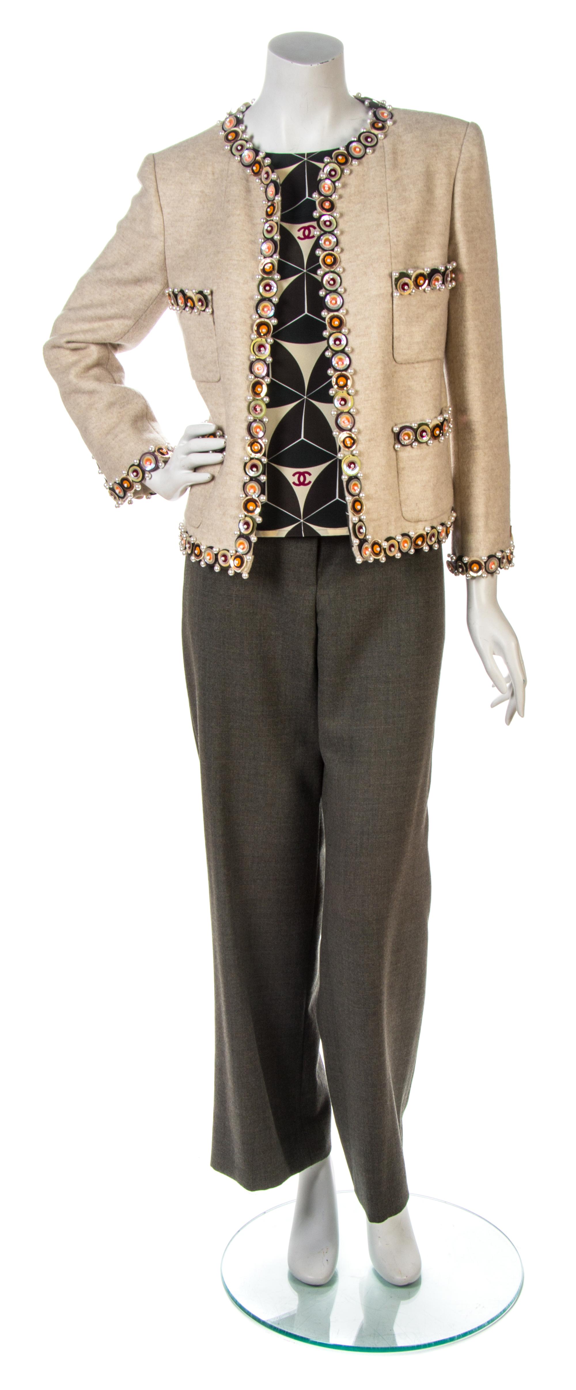 A Chanel Taupe Wool Cashmere and Green Wool Pant Ensemble,