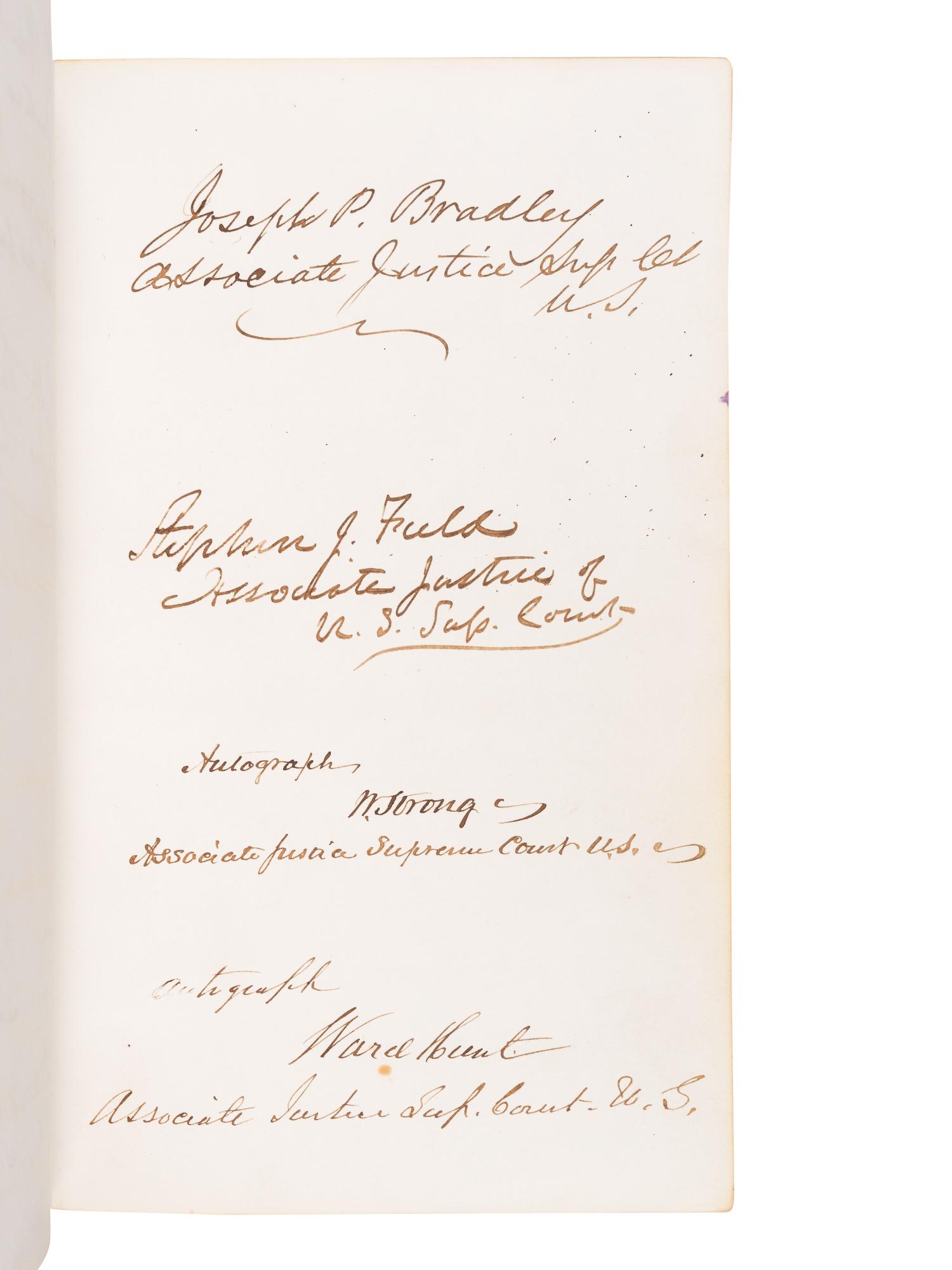 [GRANT, Ulysses S. (1822-1885), and others—AUTOGRAPH ALBUM]. An autograph album, c.1870s, assembling more than 350 signatures and inscriptions by President Ulysses S. Grant, members of his Cabinet (c.1873-74), Supreme Court Justices, Congressman, Senators, and various other prominent American political leaders and statesmen.
