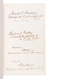 [GRANT, Ulysses S. (1822-1885), and others—AUTOGRAPH ALBUM]. An autograph album, c.1870s, assembling more than 350 signatures and inscriptions by President Ulysses S. Grant, members of his Cabinet (c.1873-74), Supreme Court Justices, Congressman, Senators, and various other prominent American political leaders and statesmen.