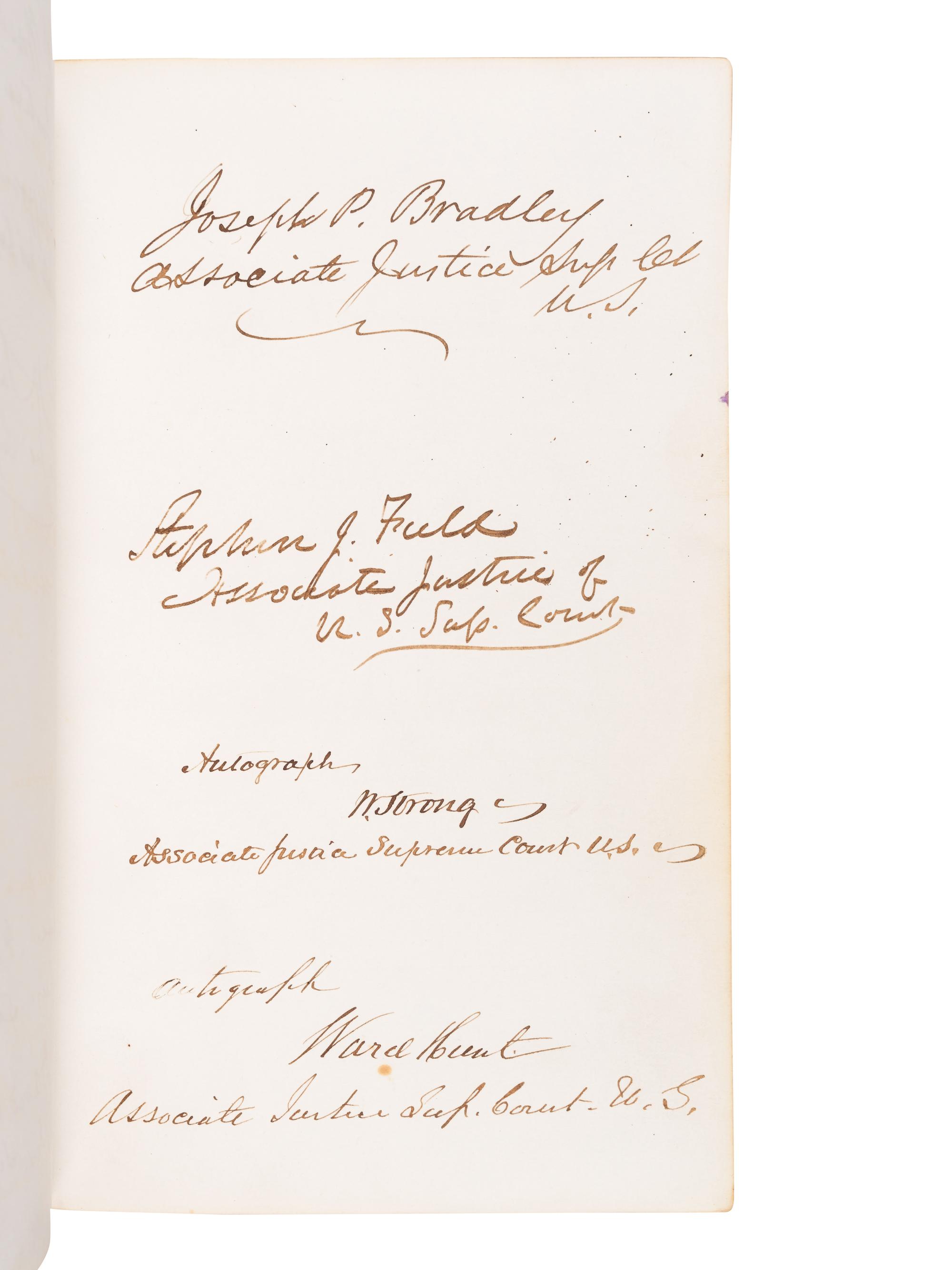 [GRANT, Ulysses S. (1822-1885), and others—AUTOGRAPH ALBUM]. An autograph album, c.1870s, assembling more than 350 signatures and inscriptions by President Ulysses S. Grant, members of his Cabinet (c.1873-74), Supreme Court Justices, Congressman, Senators, and various other prominent American political leaders and statesmen.