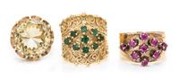 A Collection of Yellow Gold and Multigem Rings, 14.30 dwts.