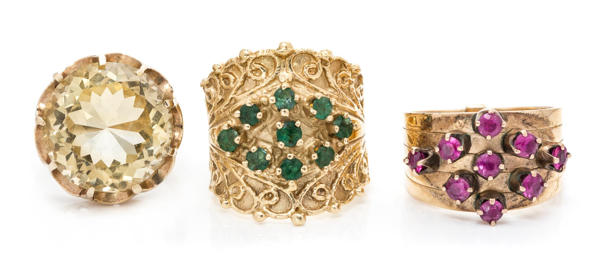 A Collection of Yellow Gold and Multigem Rings, 14.30 dwts.