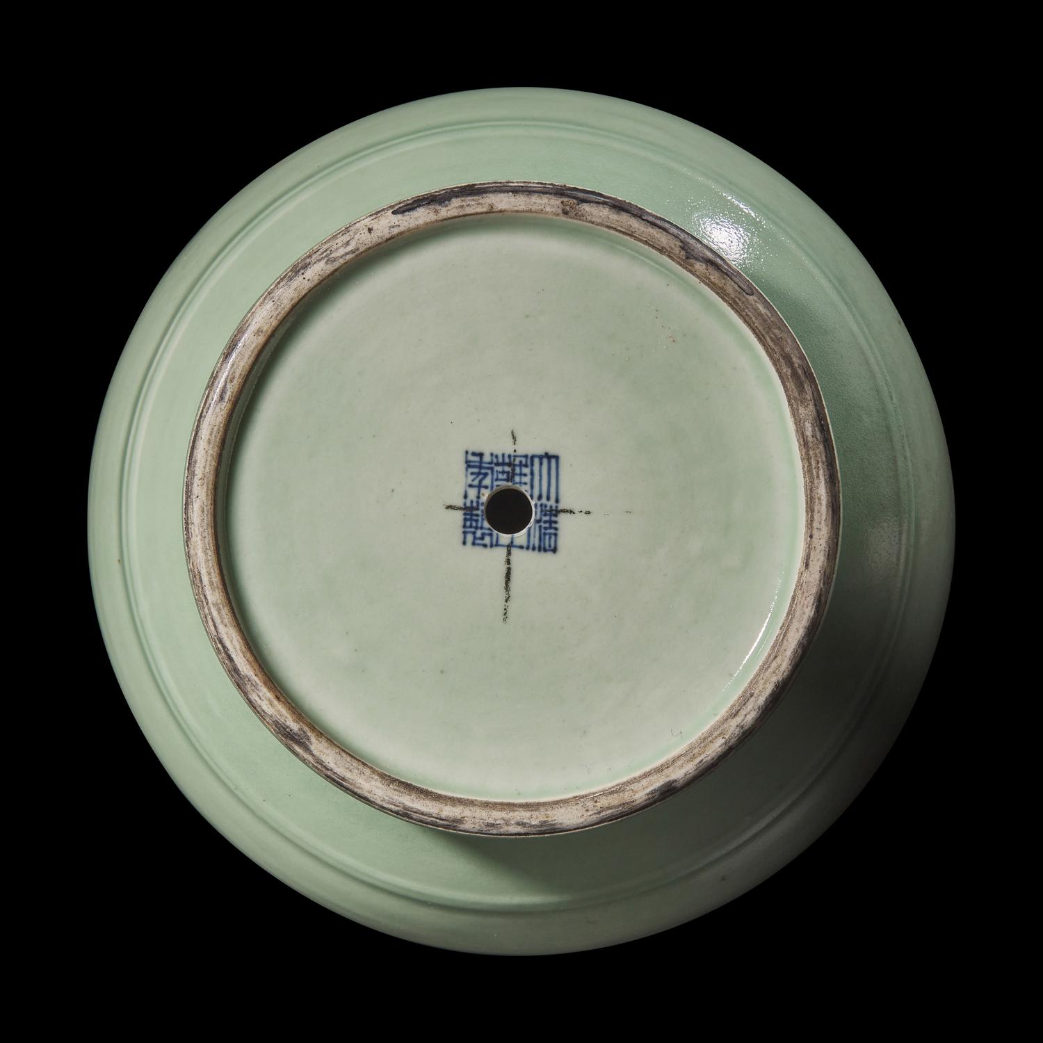 A Chinese Celadon Glazed Porcelain 'Three Rams' Vase, Late Qing Dynasty 清晚期 粉青釉三羊弦紋尊