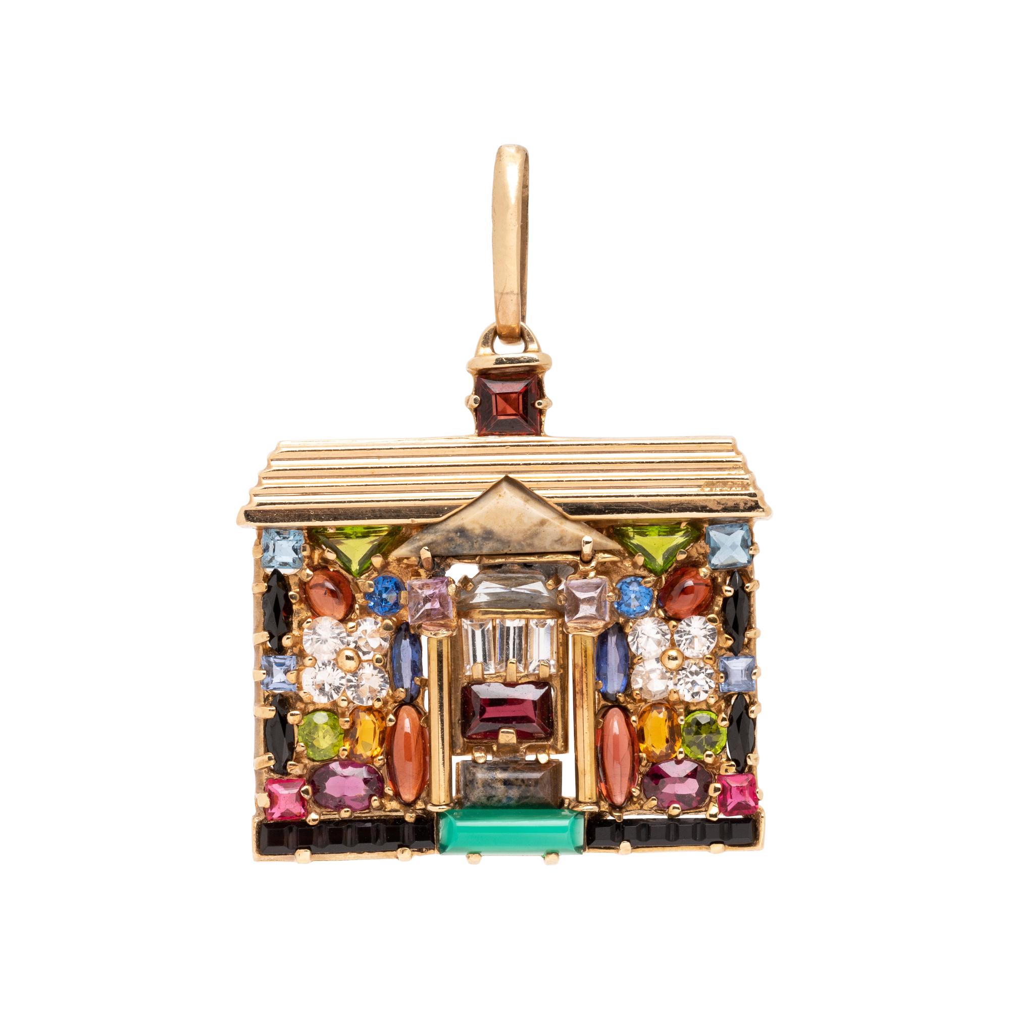 YELLOW GOLD AND MULTIGEM HOUSE PENDANT/BROOCH