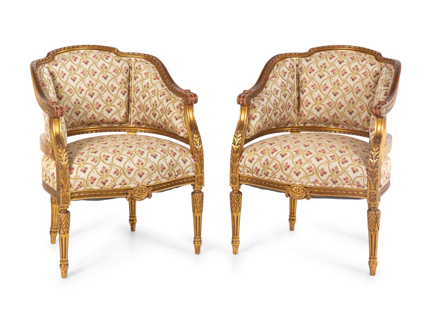 A Pair of Louis XVI Style Giltwood Bergeres