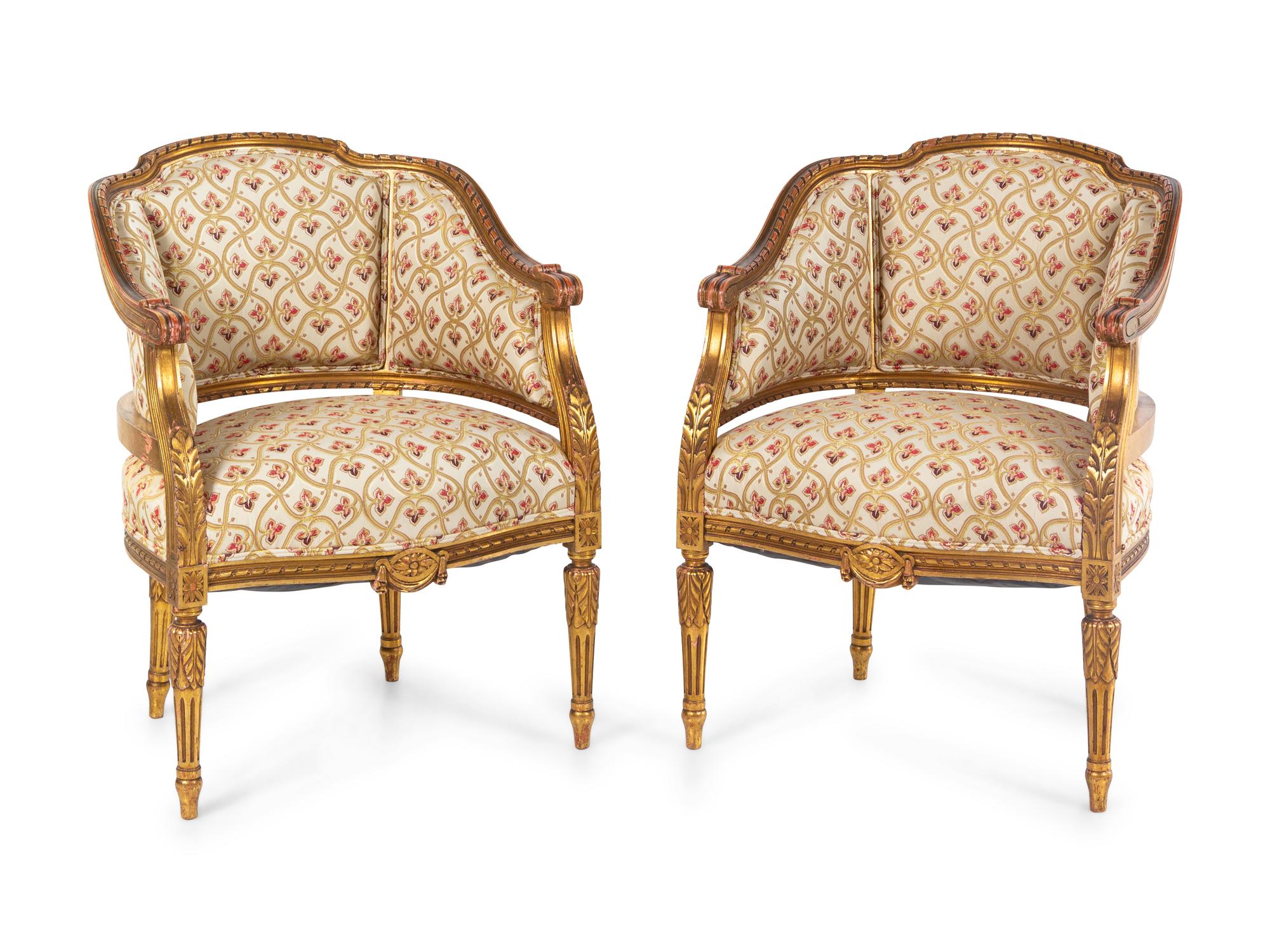 A Pair of Louis XVI Style Giltwood Bergeres