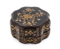A Gilt Decorated Black Lacquer Box and Cover Width 7 1/2 inches.