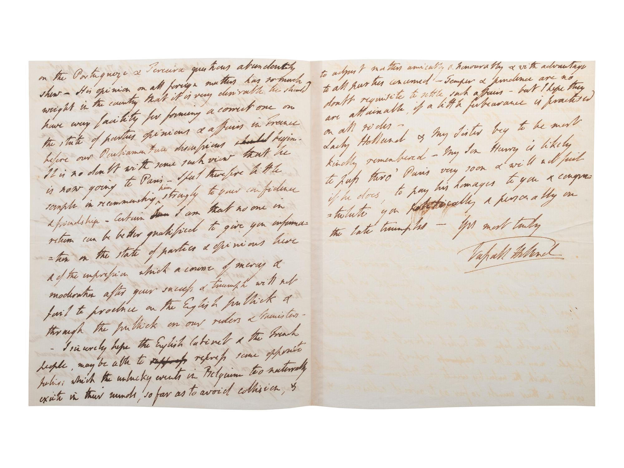 LAFAYETTE, Marie Joseph Paul Yves Roch Gilbert du Motier, Marquis de (1757-1834). Two-word annotation ("Lord Holland"), accomplished on: