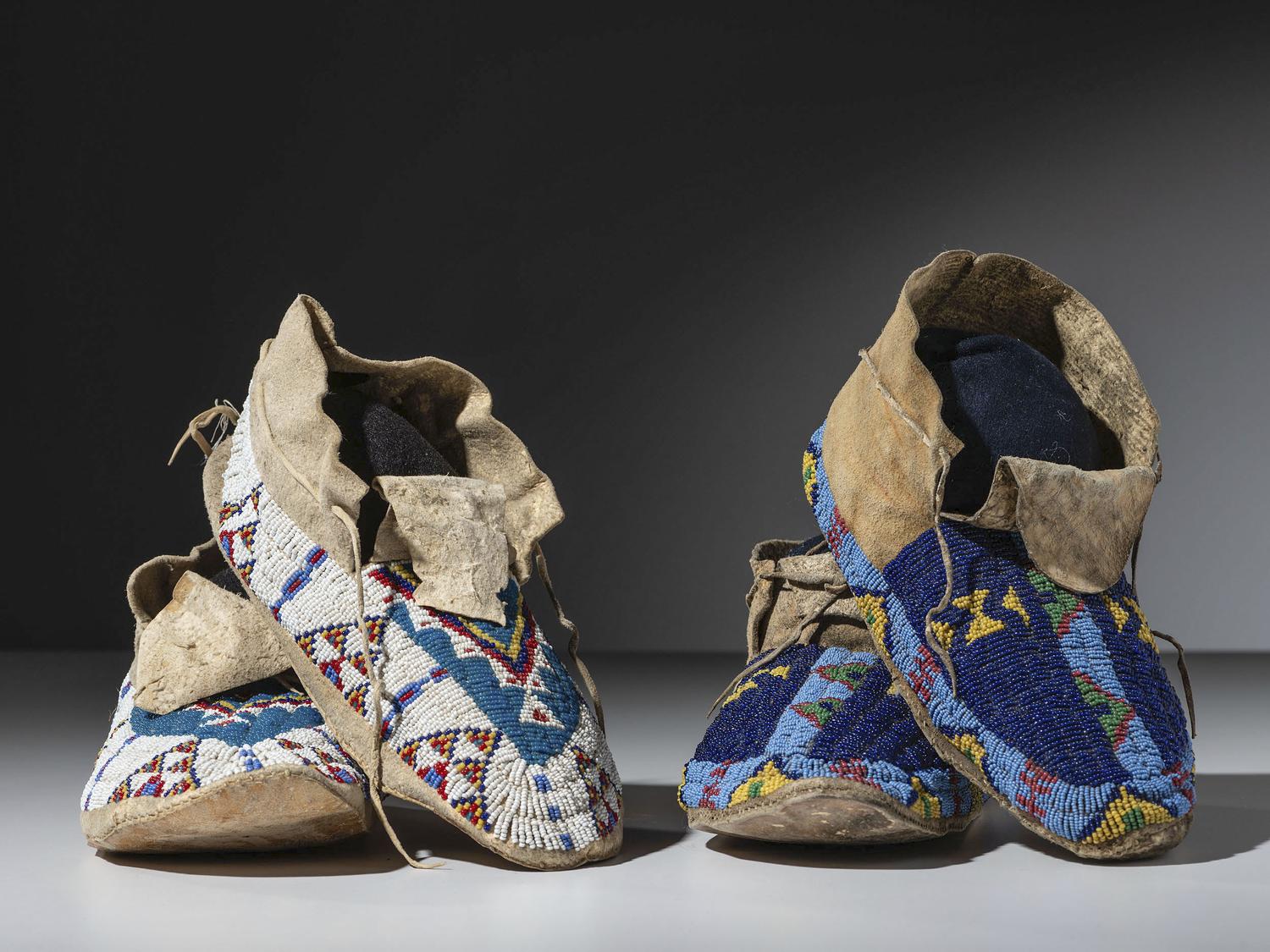Sioux Beaded Hide Moccasins, Two Pairs