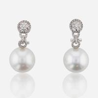 A Pair of 18K White Gold, Diamond, and Pearl Earrings