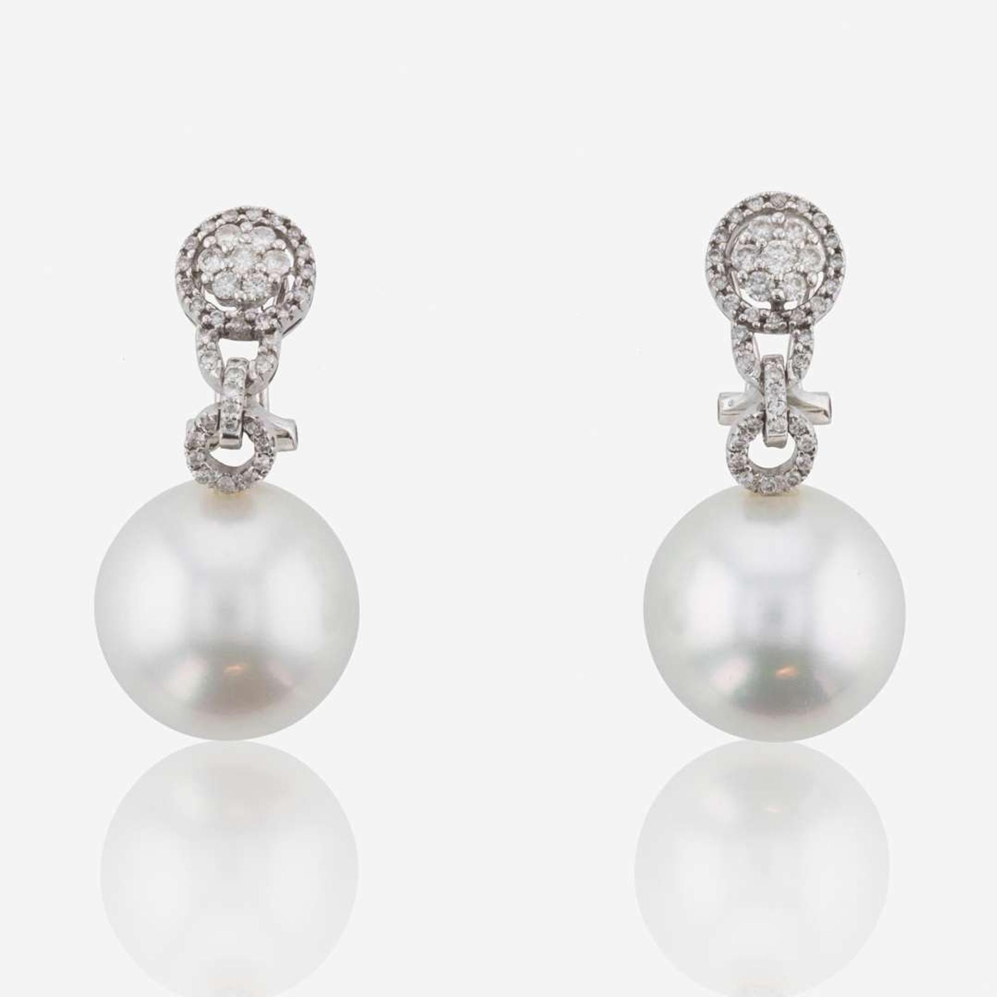 A Pair of 18K White Gold, Diamond, and Pearl Earrings
