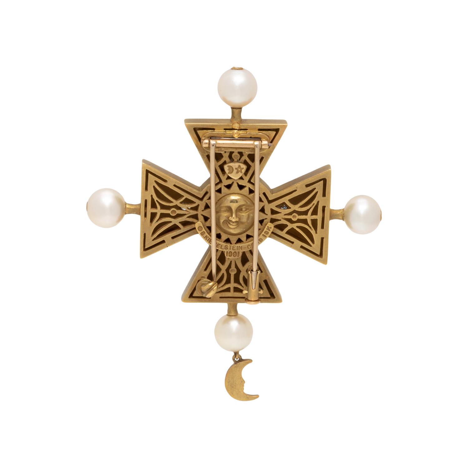 KIESELSTEIN-CORD, YELLOW GOLD, GARNET, DIAMOND AND CULTURED PEARL BROOCH