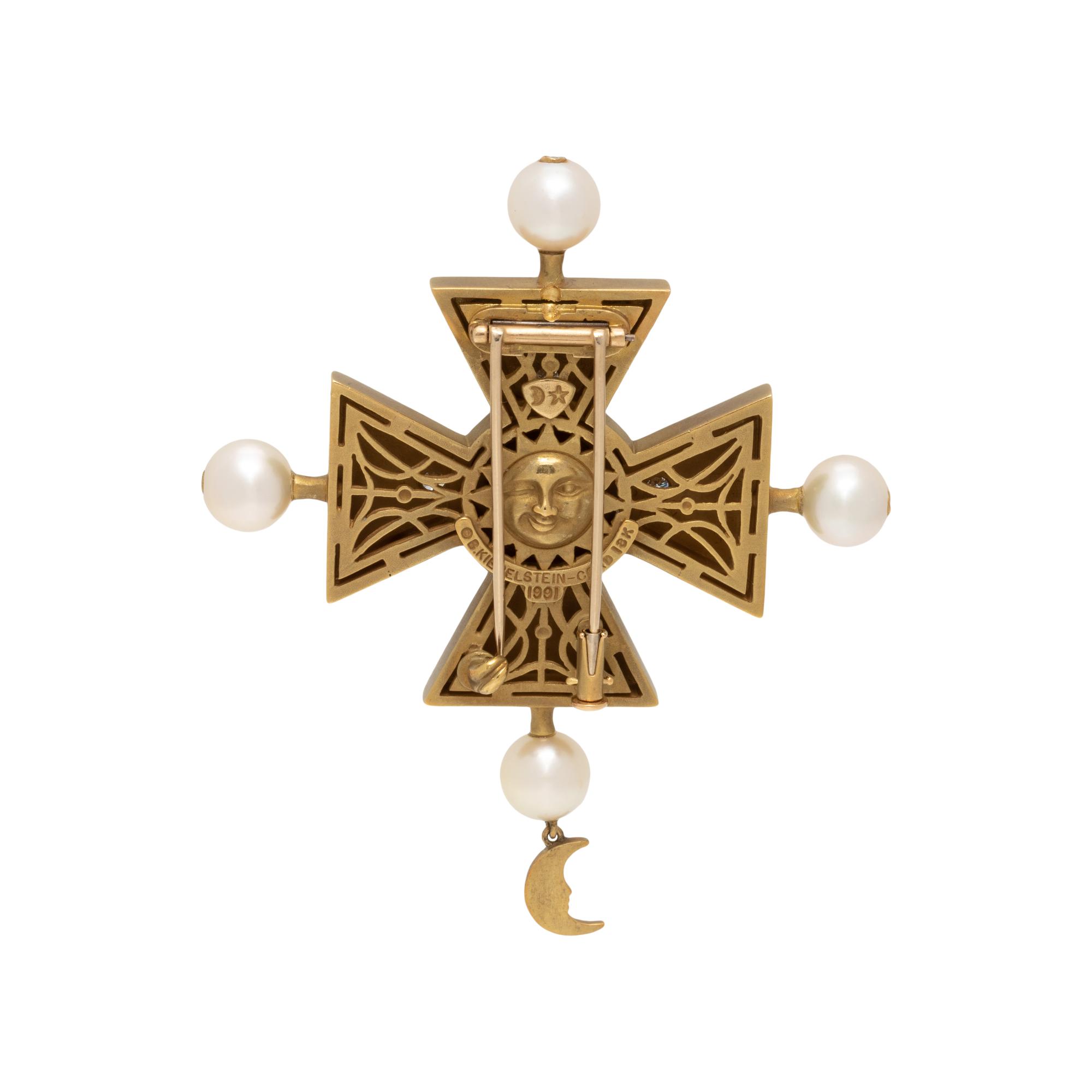 KIESELSTEIN-CORD, YELLOW GOLD, GARNET, DIAMOND AND CULTURED PEARL BROOCH