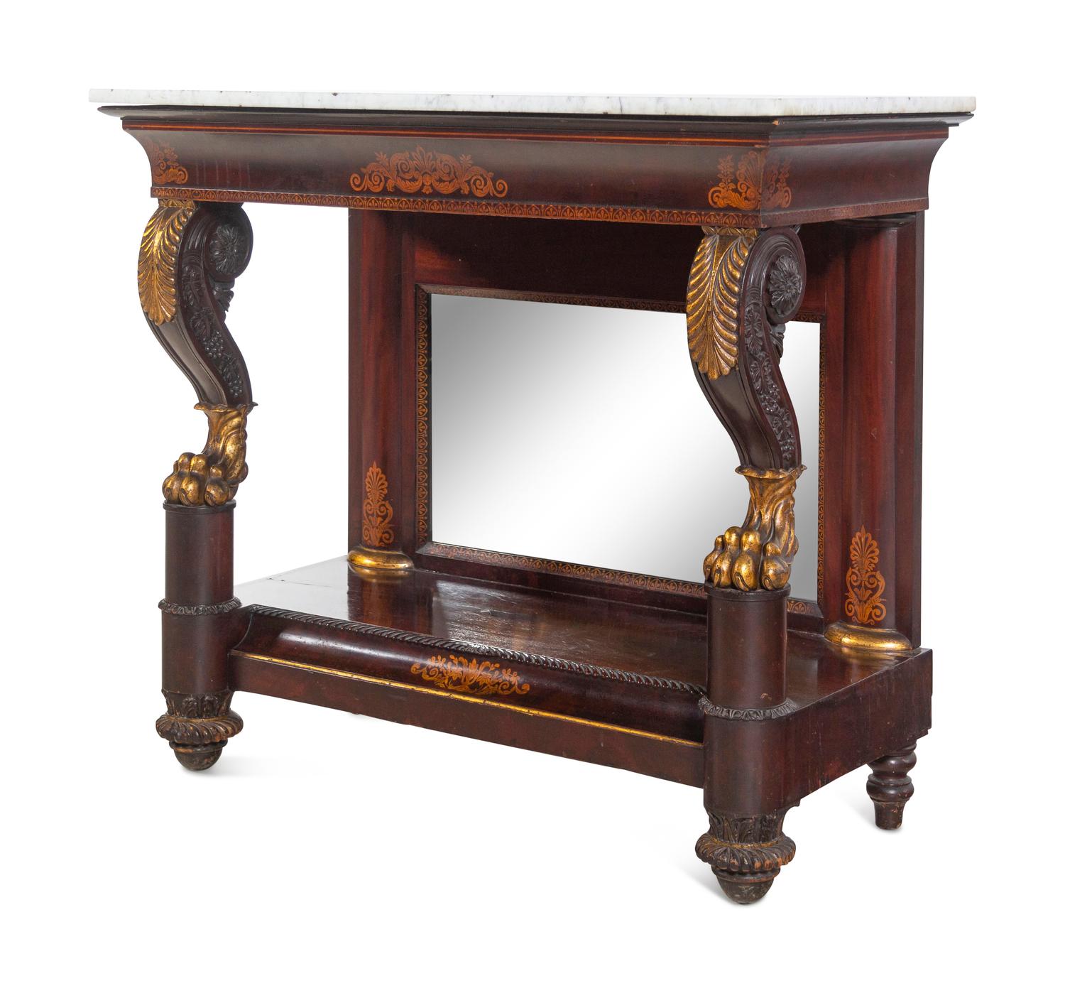 A Regency Carved and Parcel Gilt Mahogany Marble-Top Pier Table