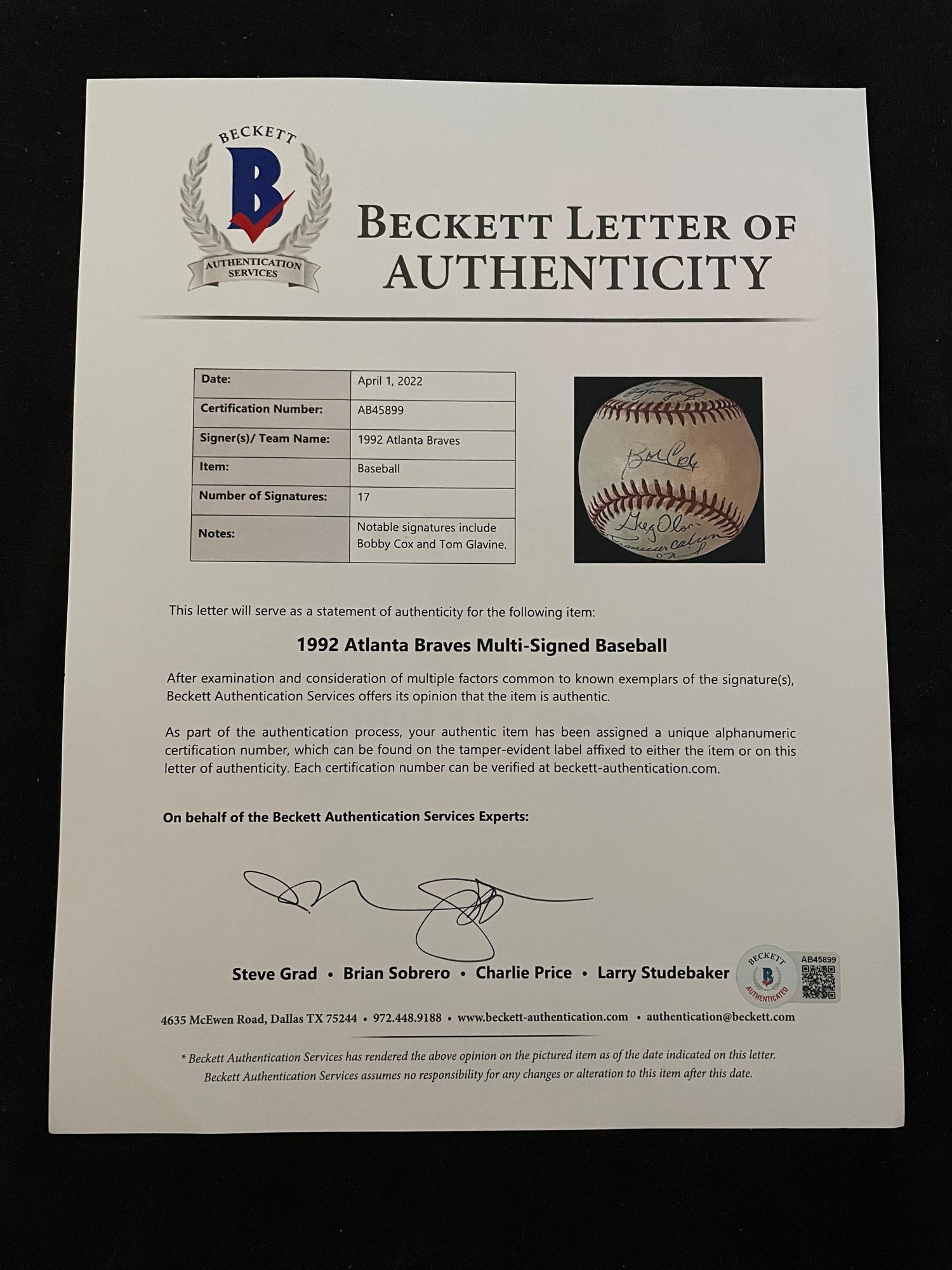 A 1992 Atlanta Braves National League Champions Team Signed Autograph Baseball With 17 Signatures (Beckett Authentication Services Letter BAS Certified),