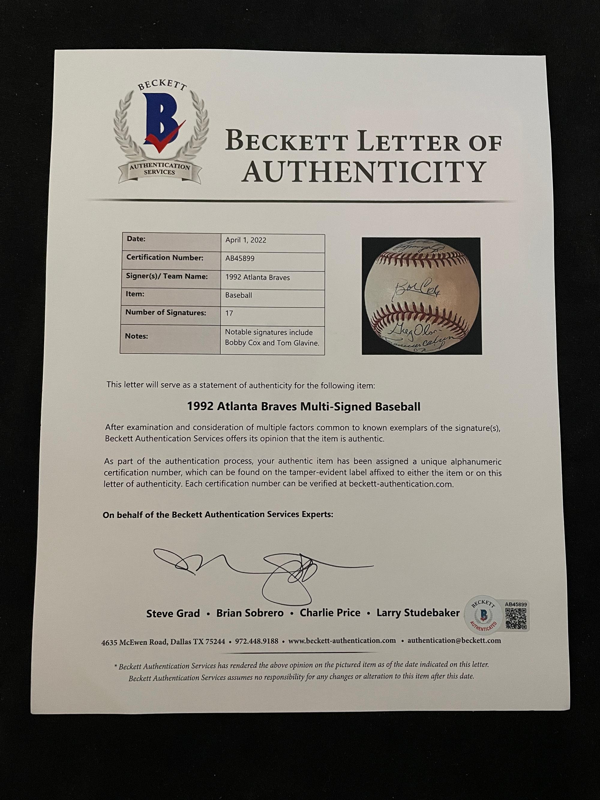 A 1992 Atlanta Braves National League Champions Team Signed Autograph Baseball With 17 Signatures (Beckett Authentication Services Letter BAS Certified),