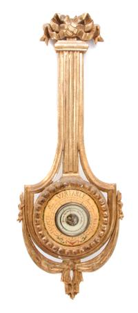 A Neoclassical Giltwood Wheel Barometer, Height 36 1/2 inches.