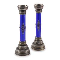 A Pair of Silver, Guilloché Enamel and Gemstone Mounted Candlesticks