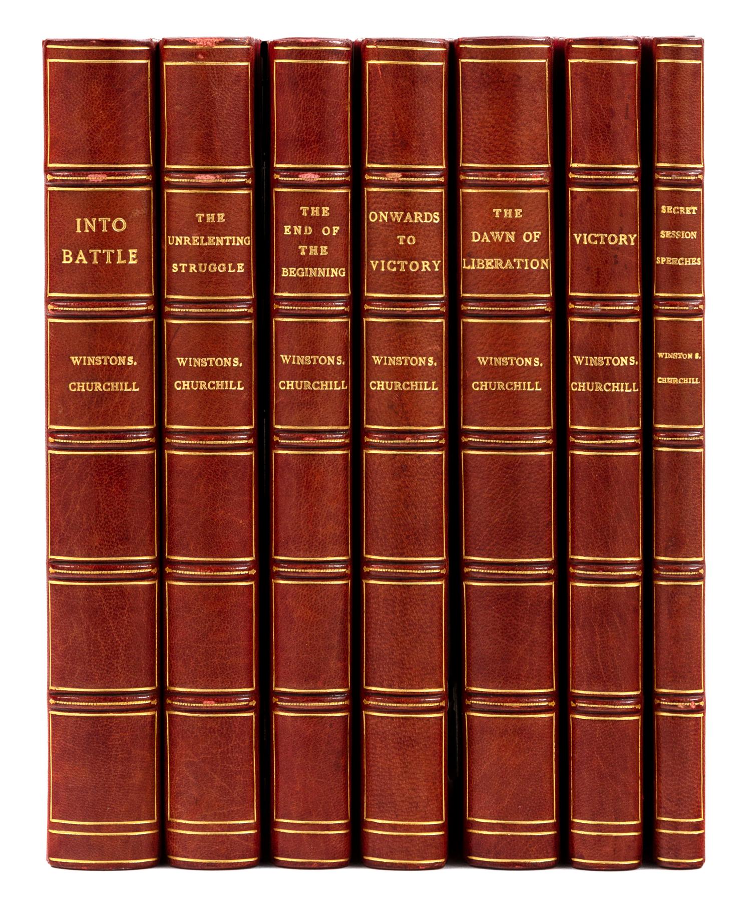 CHURCHILL, Winston Spencer (1874-1965). [The War Speeches]. Into Battle. -The Unrelenting Struggle. -The End of the Beginning. -The Dawn of Liberation. -Onwards to Victory. -Victory. -Secret Session Speeches. London: Cassell and Co., 1941-1947.