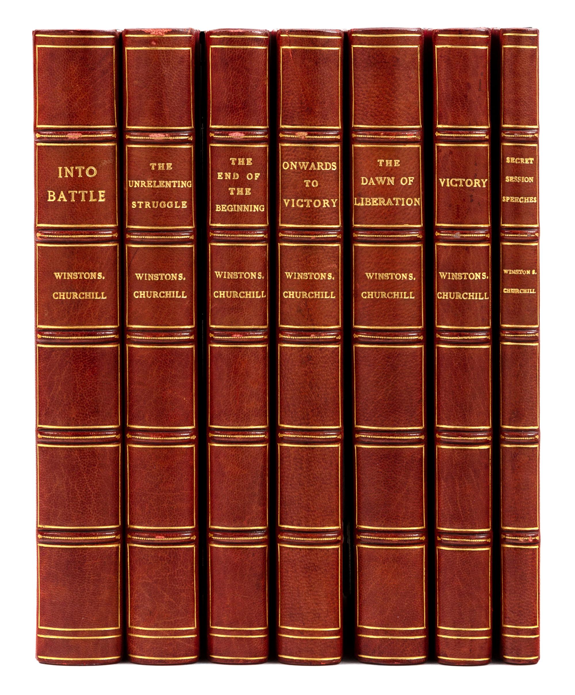 CHURCHILL, Winston Spencer (1874-1965). [The War Speeches]. Into Battle. -The Unrelenting Struggle. -The End of the Beginning. -The Dawn of Liberation. -Onwards to Victory. -Victory. -Secret Session Speeches. London: Cassell and Co., 1941-1947.