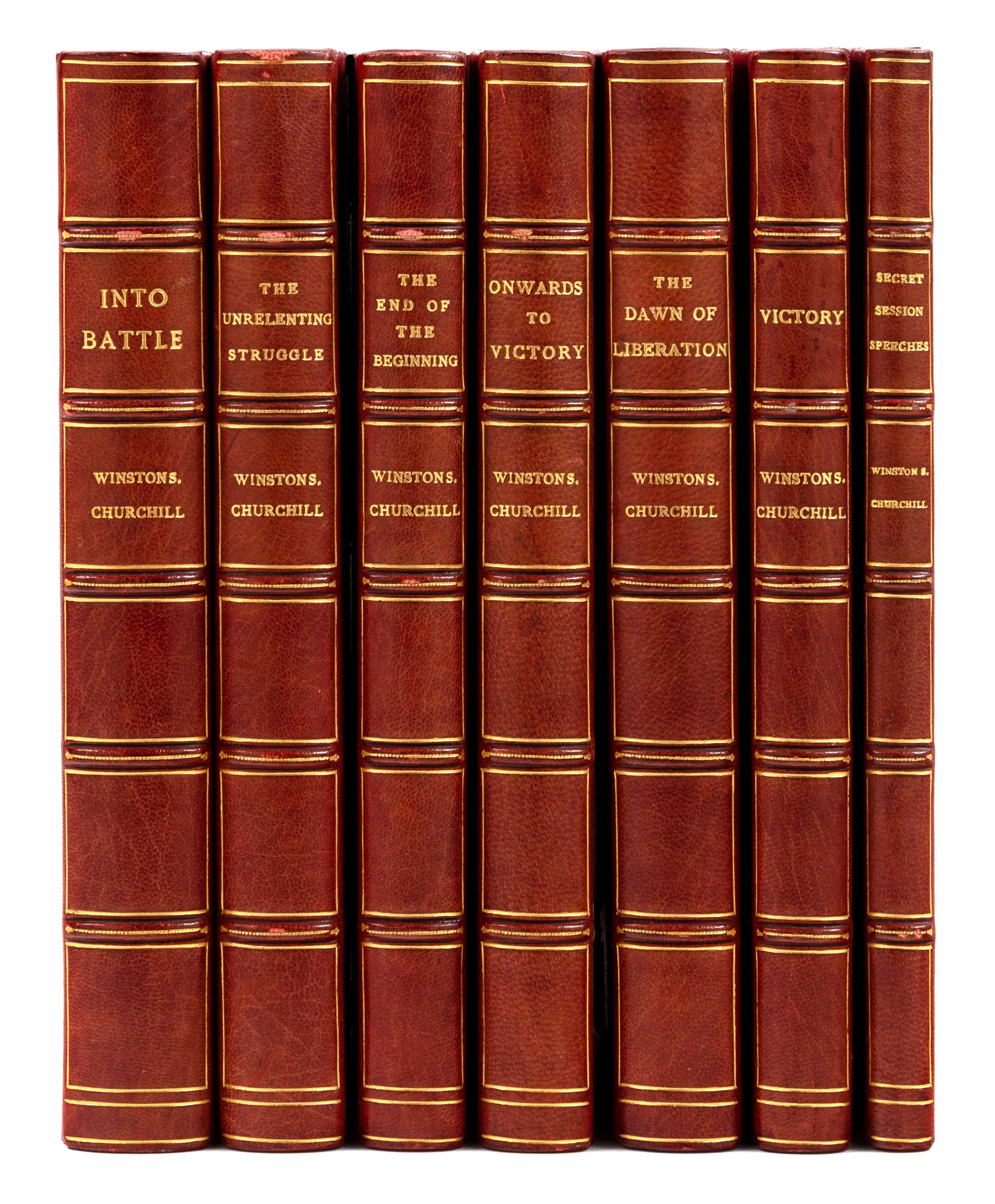 CHURCHILL, Winston Spencer (1874-1965). [The War Speeches]. Into Battle. -The Unrelenting Struggle. -The End of the Beginning. -The Dawn of Liberation. -Onwards to Victory. -Victory. -Secret Session Speeches. London: Cassell and Co., 1941-1947.