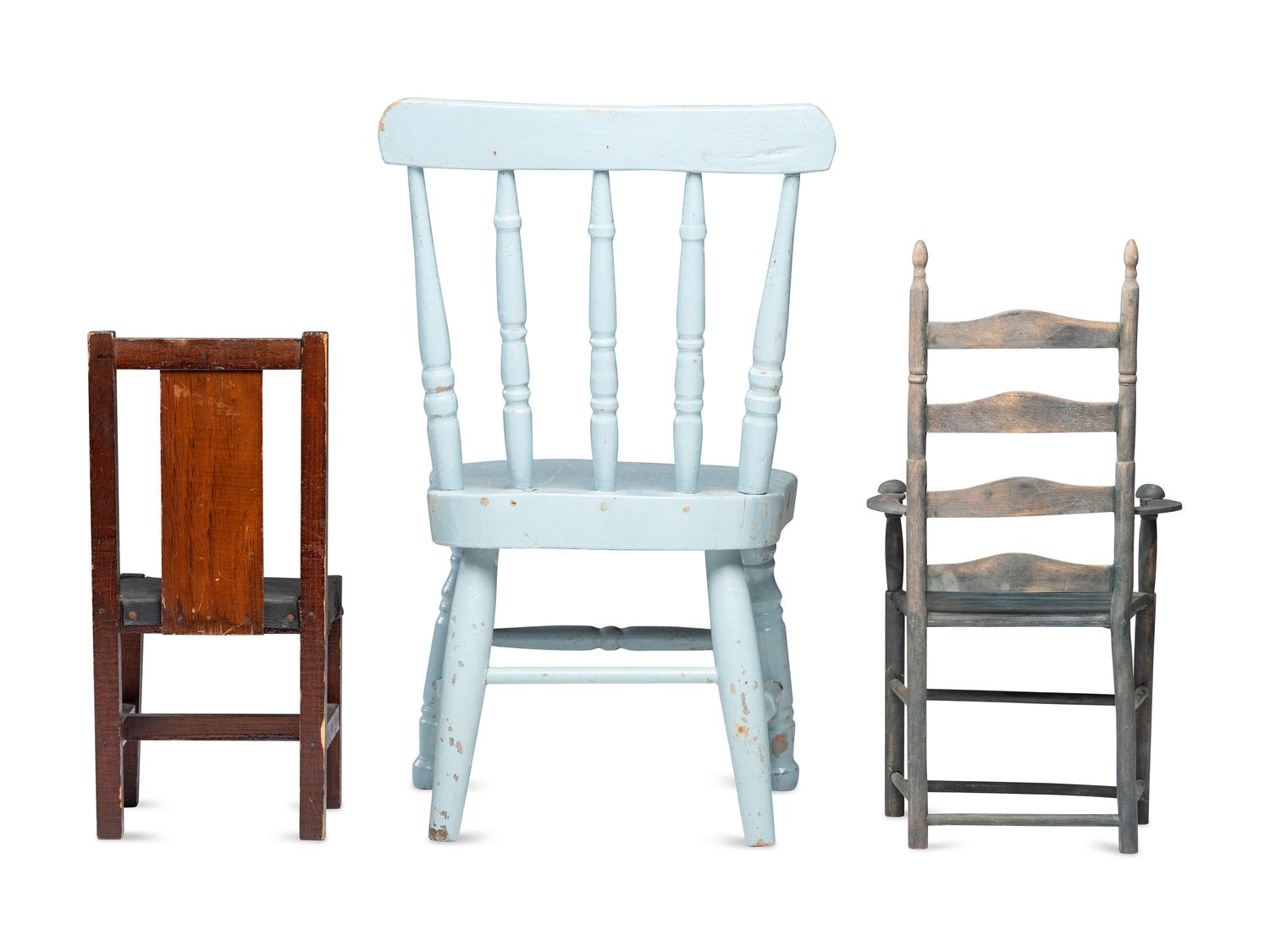 Three Painted Wood Doll's Chairs