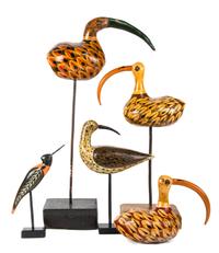Five Painted Wood Figures of Birds Height of tallest 30 inches.