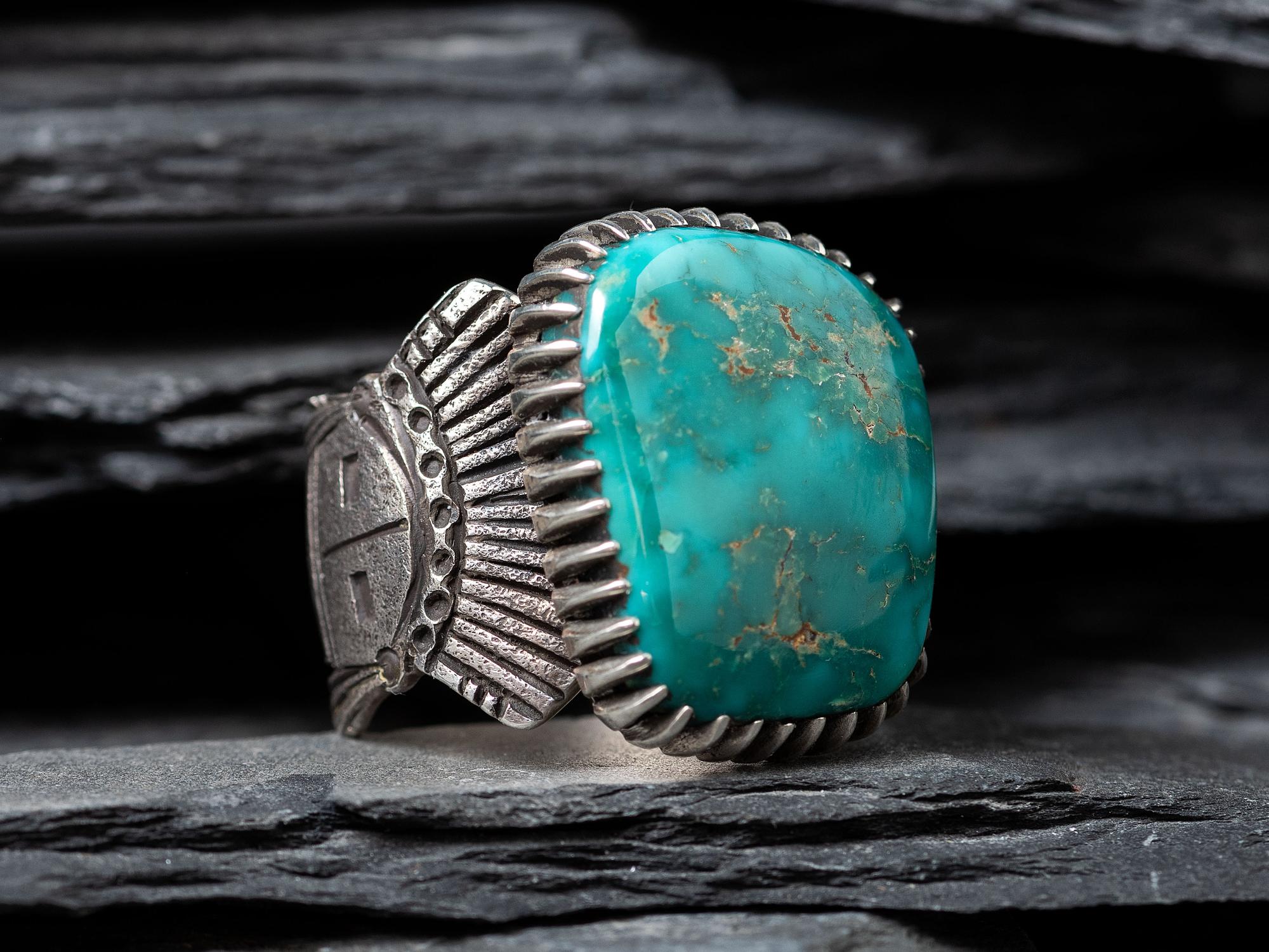Silver and Royston Turquoise Ring, with Yei Band