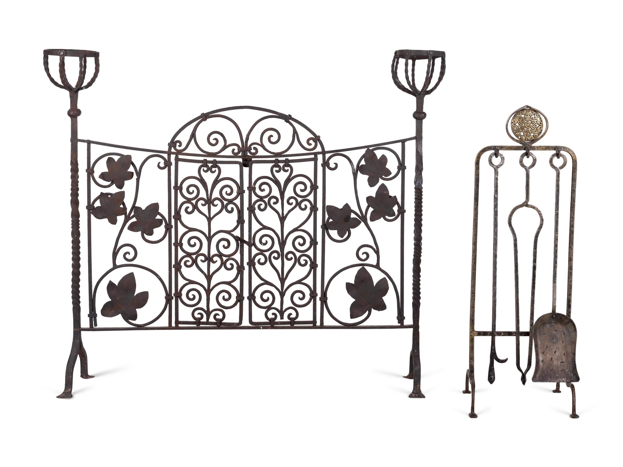 A French Wrought Iron Fire Screen with Posset Cup Holders and a Set of Tools