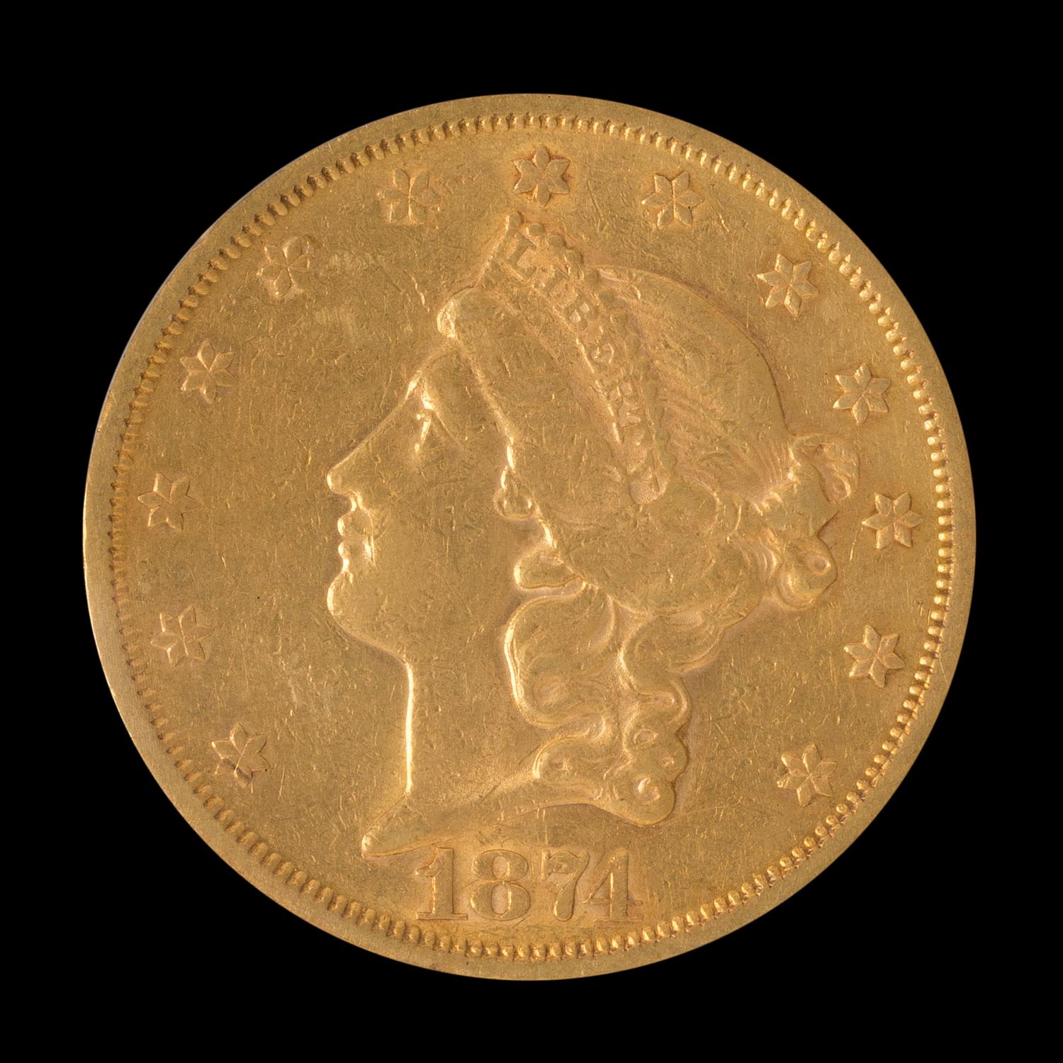 A United States 1874-S Liberty Head $20 Gold Coin