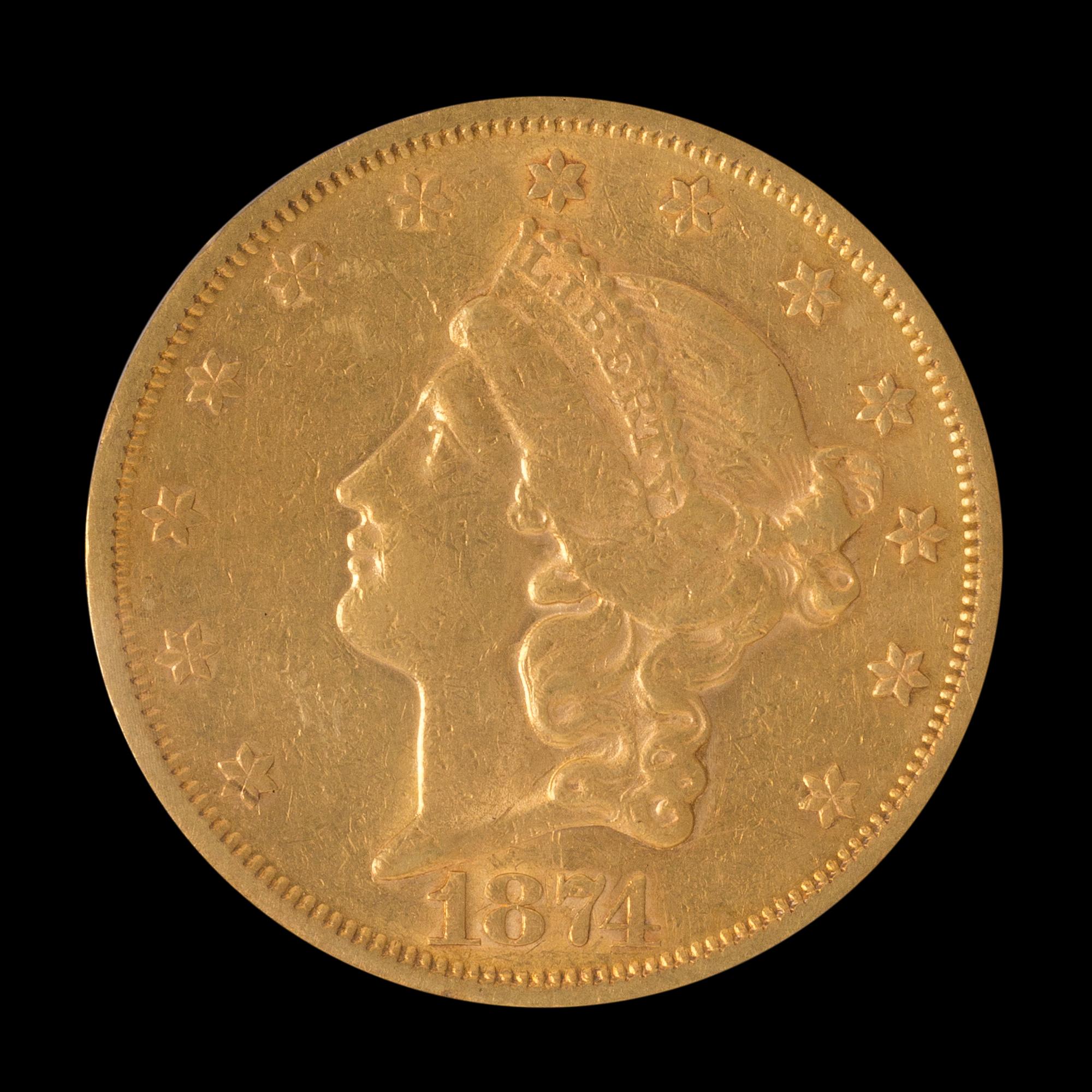 A United States 1874-S Liberty Head $20 Gold Coin