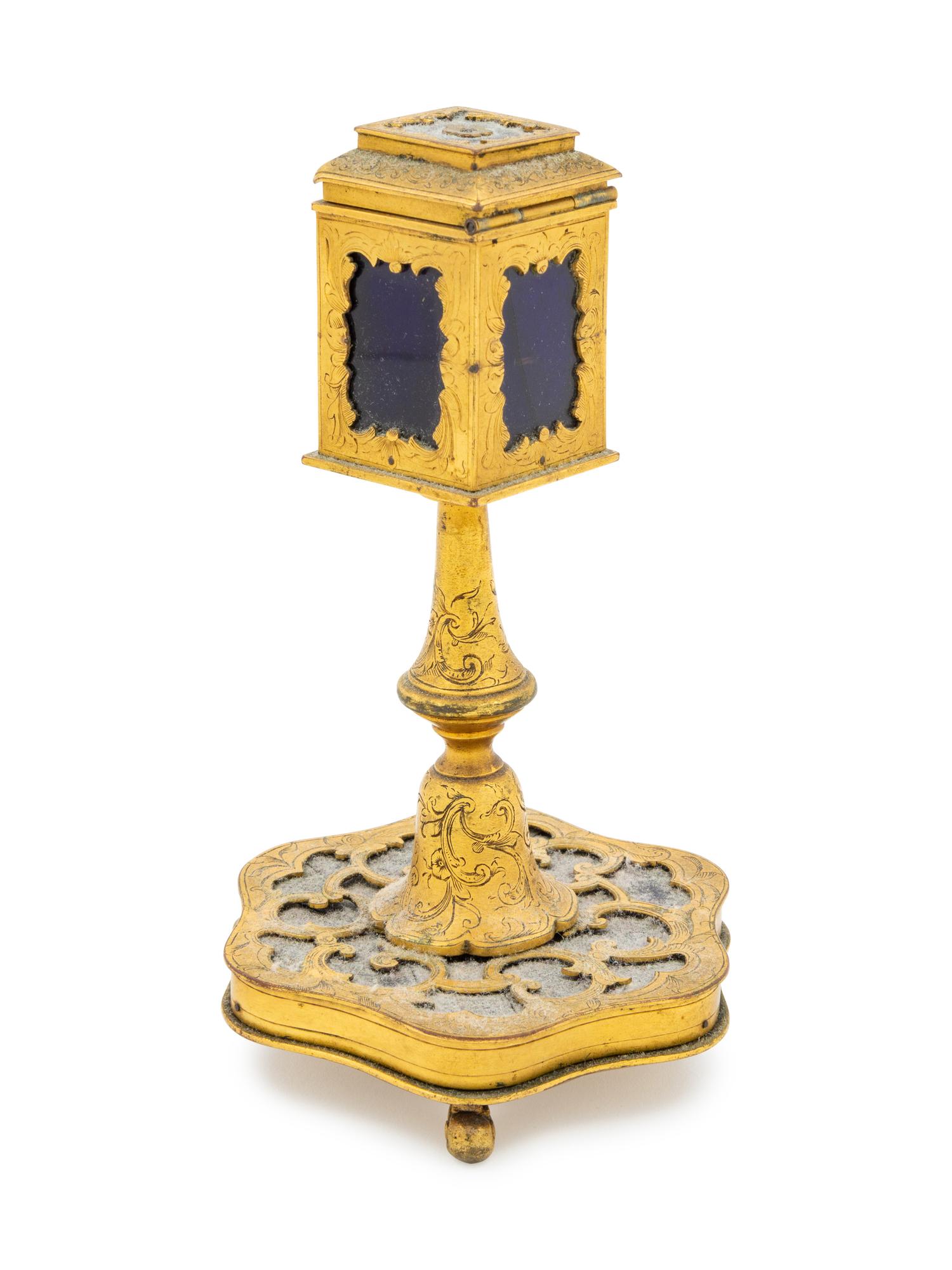 A Continental Gilt Metal and Cobalt Glass Inkwell