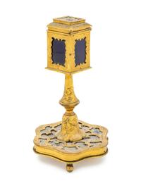 A Continental Gilt Metal and Cobalt Glass Inkwell
