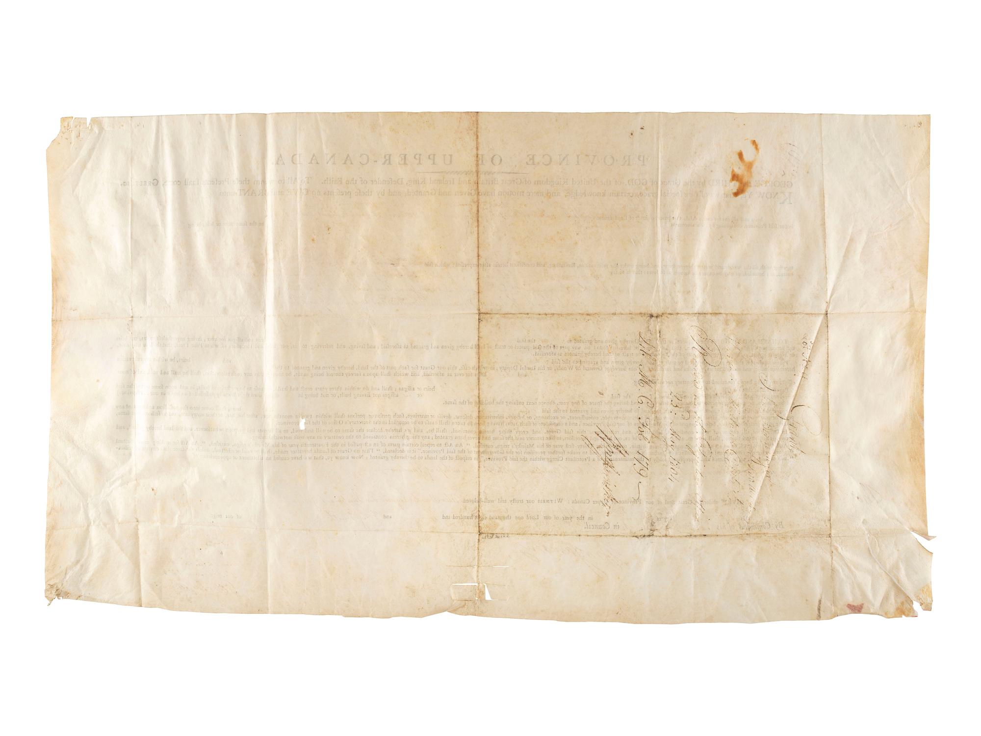 [REVOLUTIONARY WAR]. A group of 2 documents relating to the Province of Upper Canada, including one signed by Loyalist Samuel Smith (1756-1826) who served as Captain of the Queen's Rangers and surrendered at Yorktown.