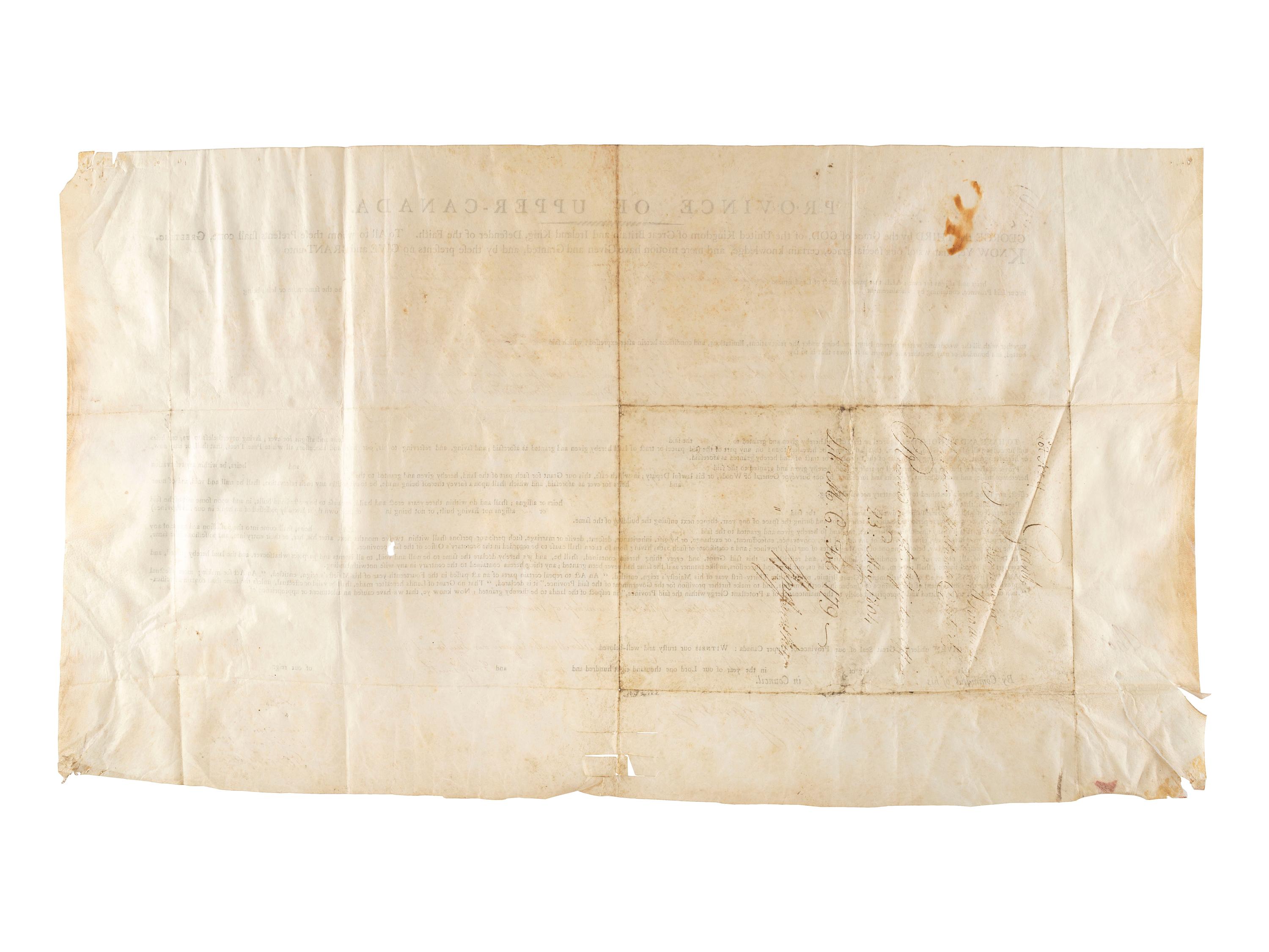 [REVOLUTIONARY WAR]. A group of 2 documents relating to the Province of Upper Canada, including one signed by Loyalist Samuel Smith (1756-1826) who served as Captain of the Queen's Rangers and surrendered at Yorktown.