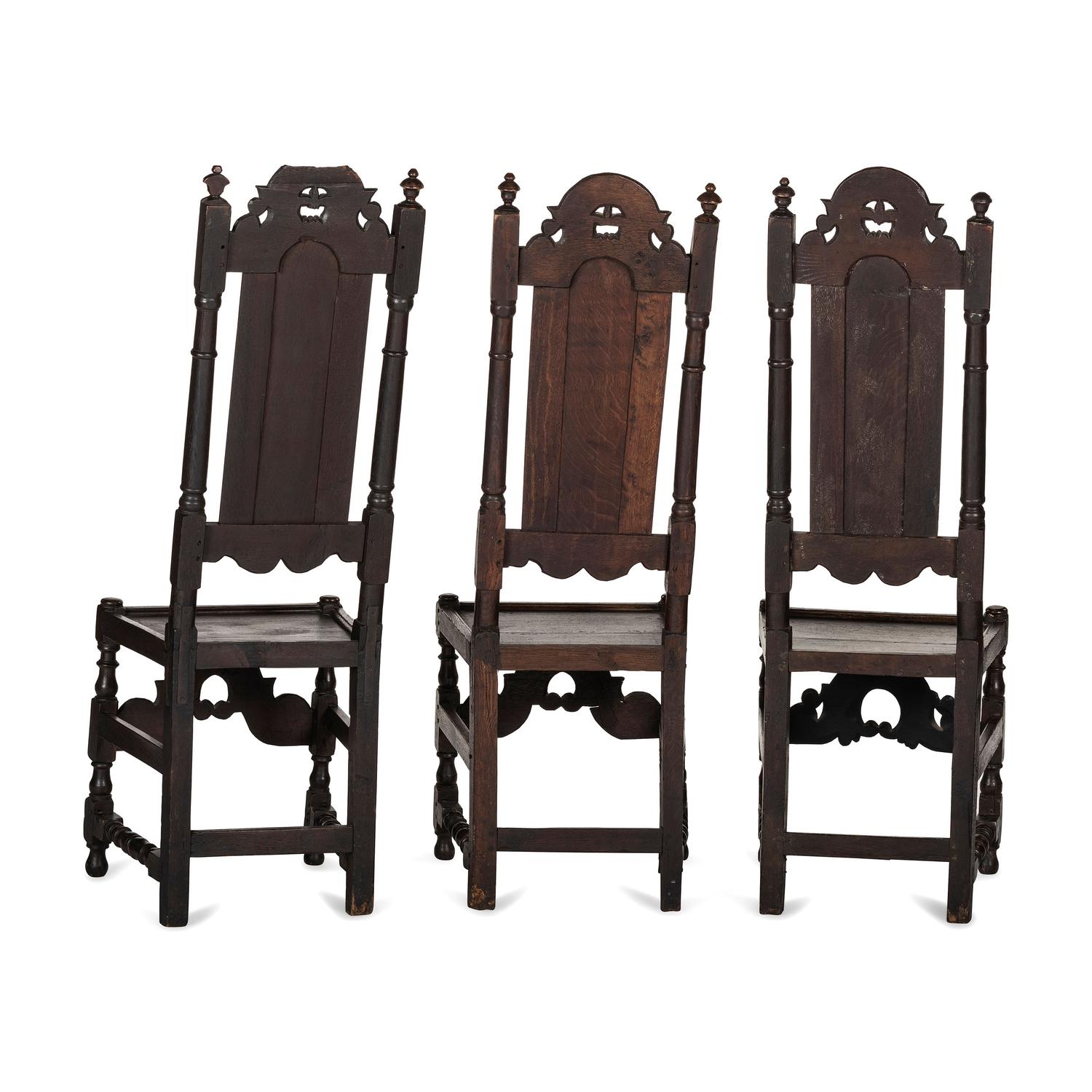 Three English Carved Oak Paneled Back Side Chairs