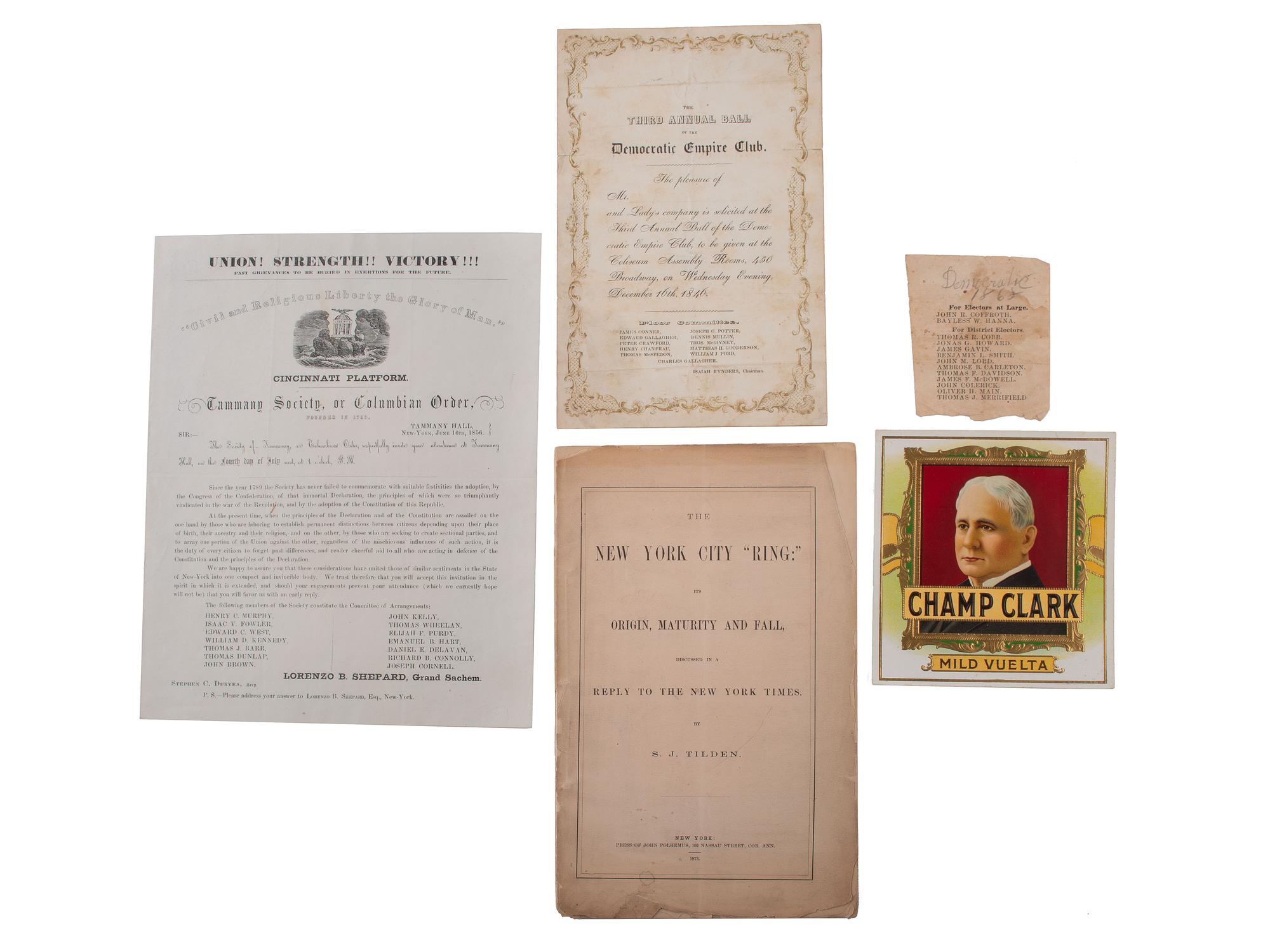 [TAMMANY HALL]. Broadsides and ephemera from the 19th-century Democratic Party, incl. Tammany Hall.
